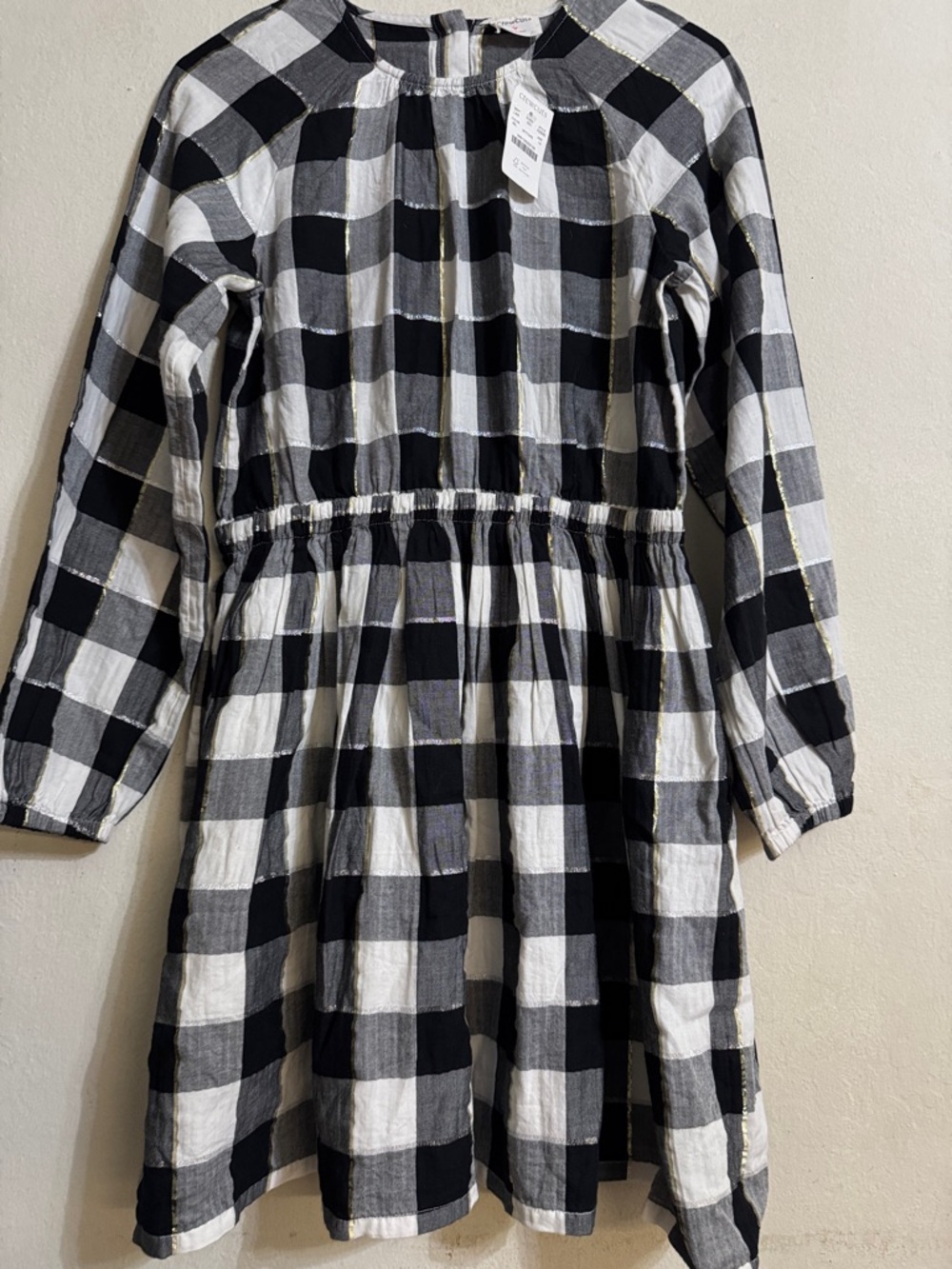 CREWCUTS Black & White Plaid Long-Sleeve Girls Dress SIZE 14 NWT